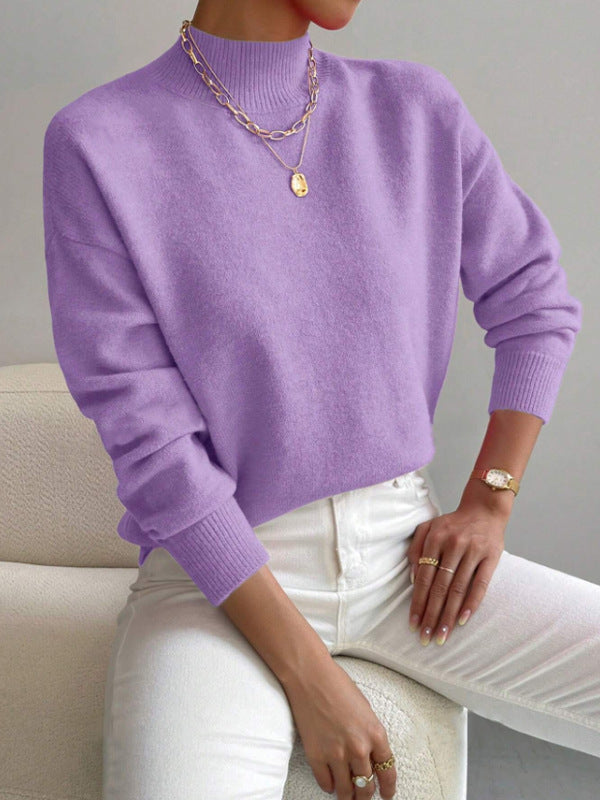 Mock Neck Ribbed Trim Pullover Sweater - Purple