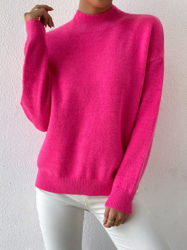 Mock Neck Ribbed Trim Pullover Sweater - Rosered