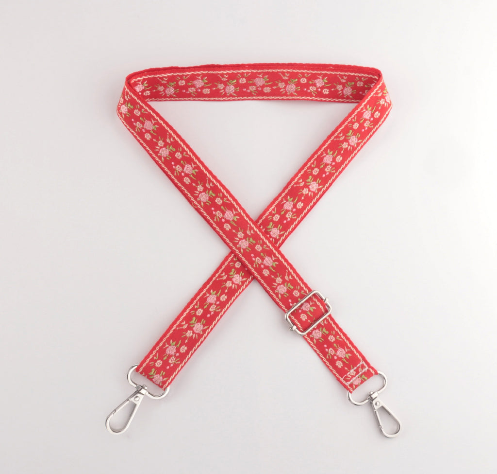 Floral Embroidered Adjustable Crossbody Bag Strap - Red