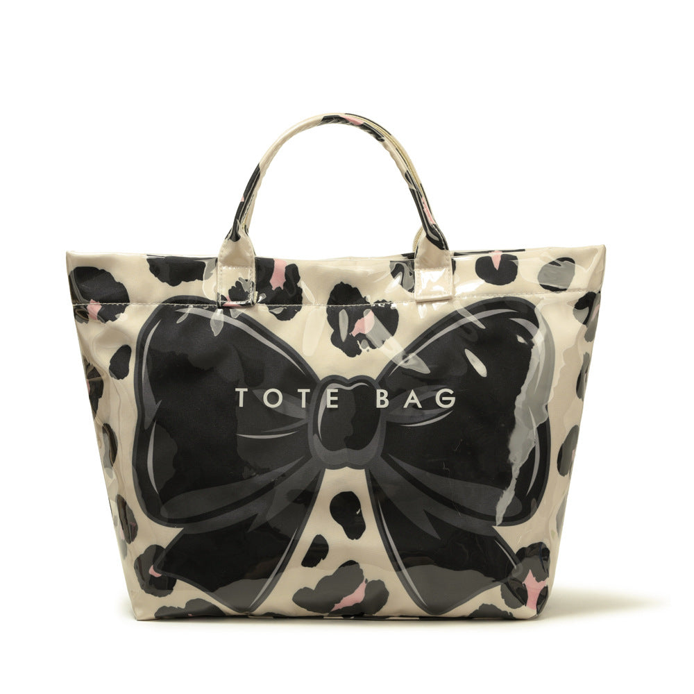 Leopard Print Canvas Beach Tote with Glossy Bow - Black
