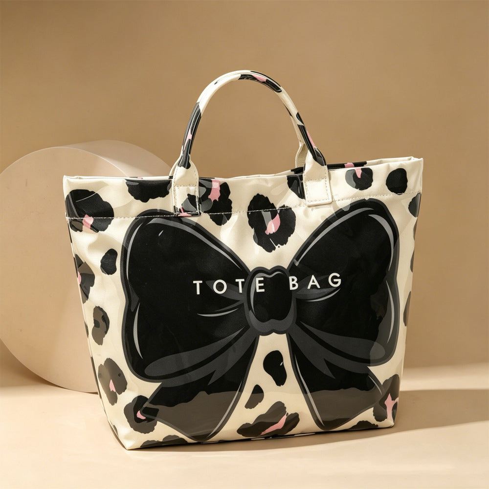 Leopard Print Canvas Beach Tote with Glossy Bow - Black - 2