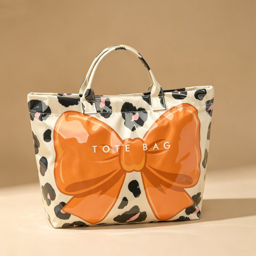 Leopard Print Canvas Beach Tote with Glossy Bow - Orange - 2