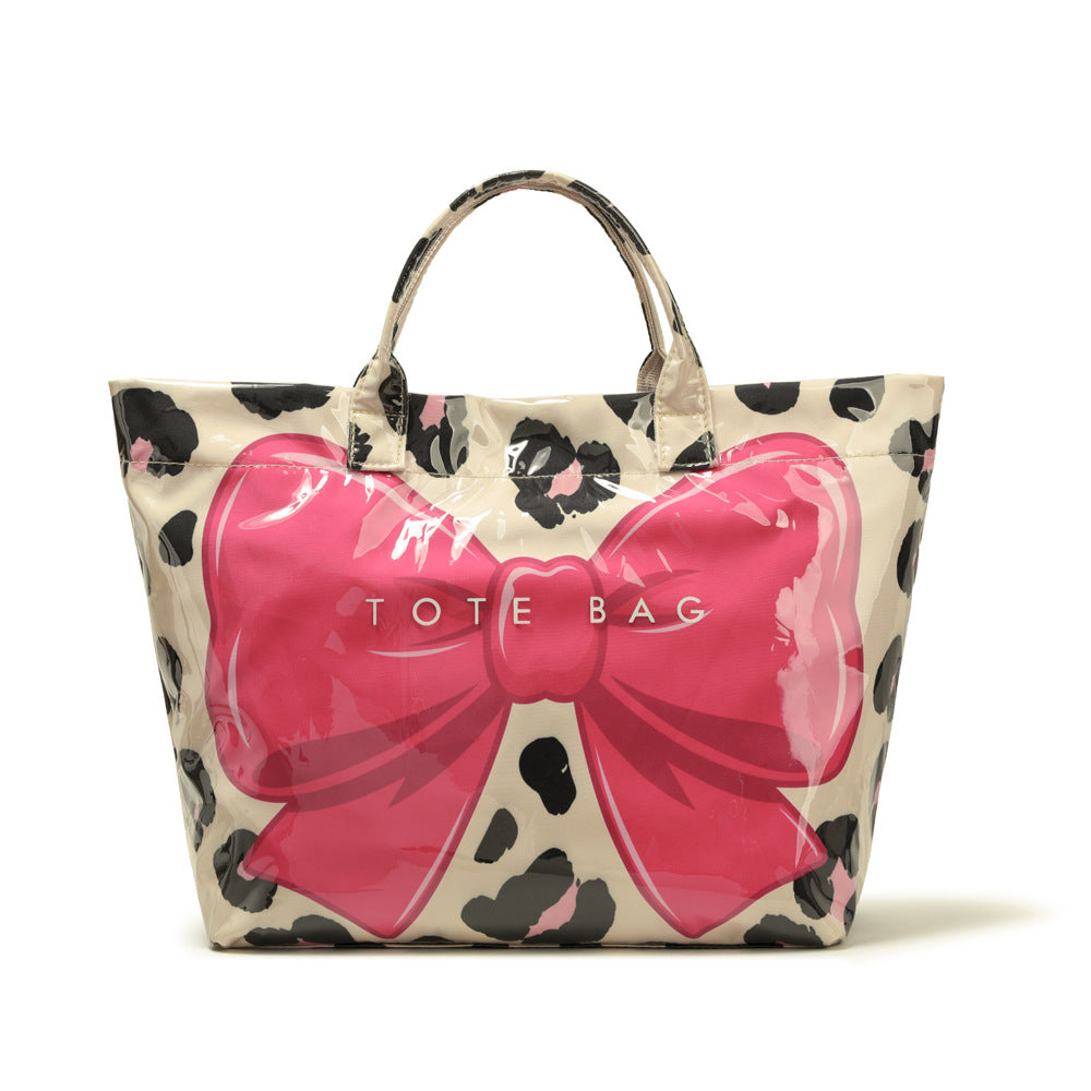Leopard Print Canvas Beach Tote with Glossy Bow - Rose