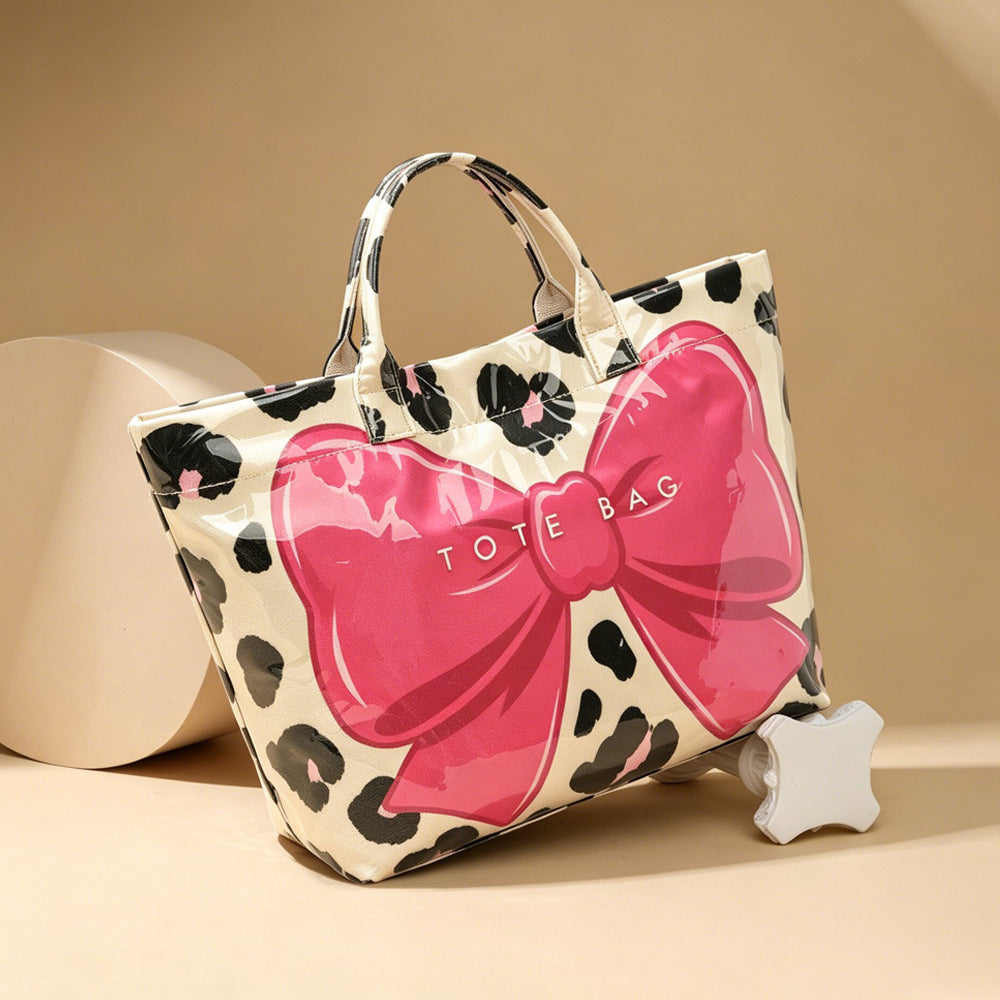 Leopard Print Canvas Beach Tote with Glossy Bow - Rose - 2