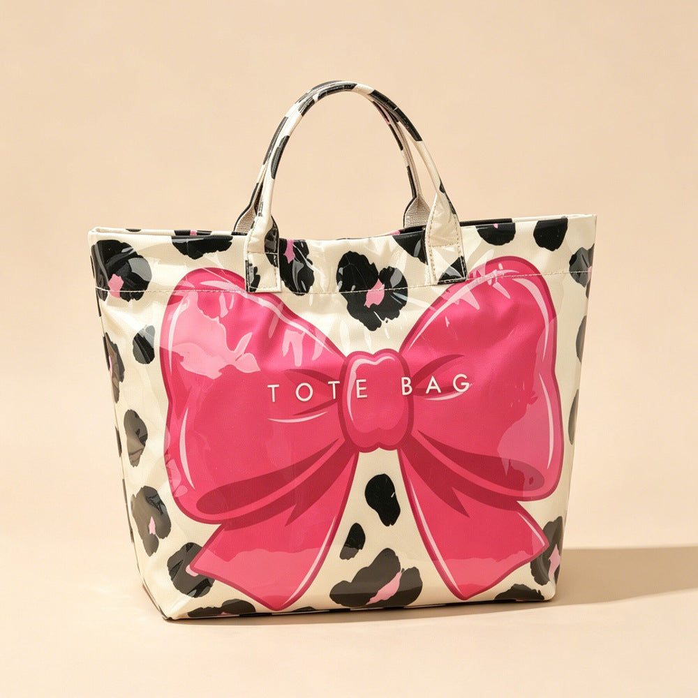 Leopard Print Canvas Beach Tote with Glossy Bow - Rose - 3