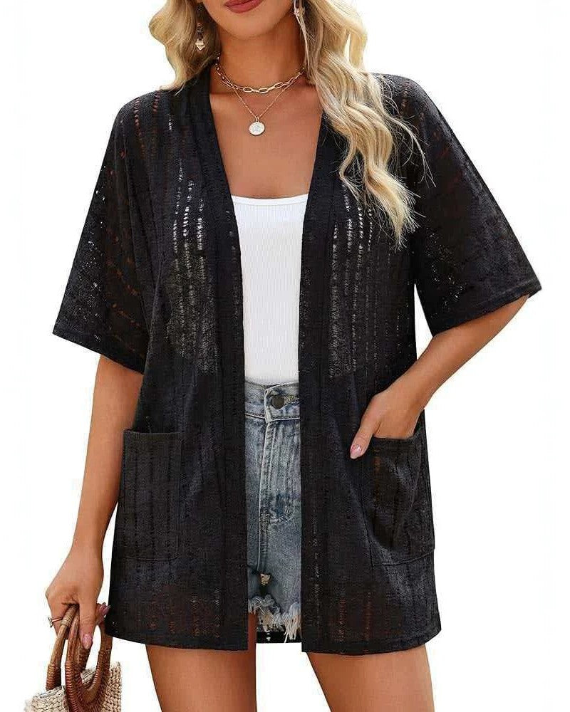 Pointelle Knit Open Front Cardigan With Pockets - Black