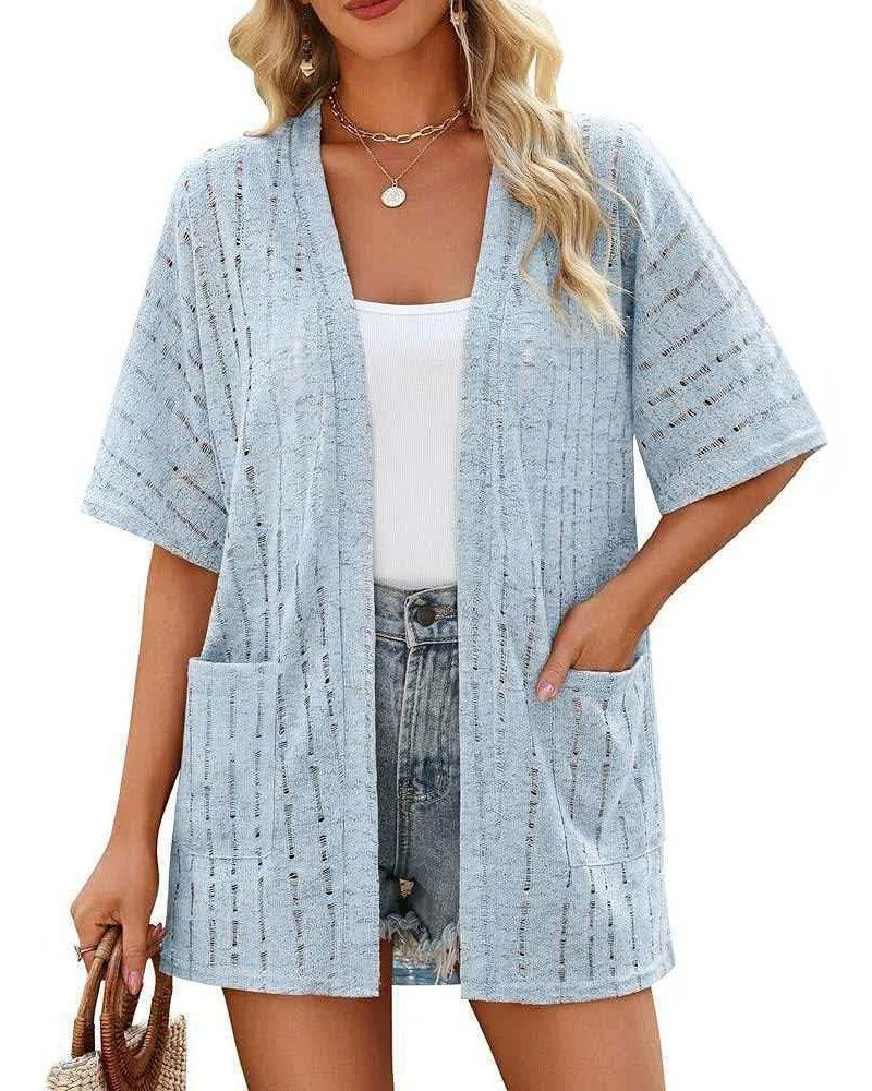Pointelle Knit Open Front Cardigan With Pockets - Blue