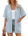 Pointelle Knit Open Front Cardigan With Pockets - Blue