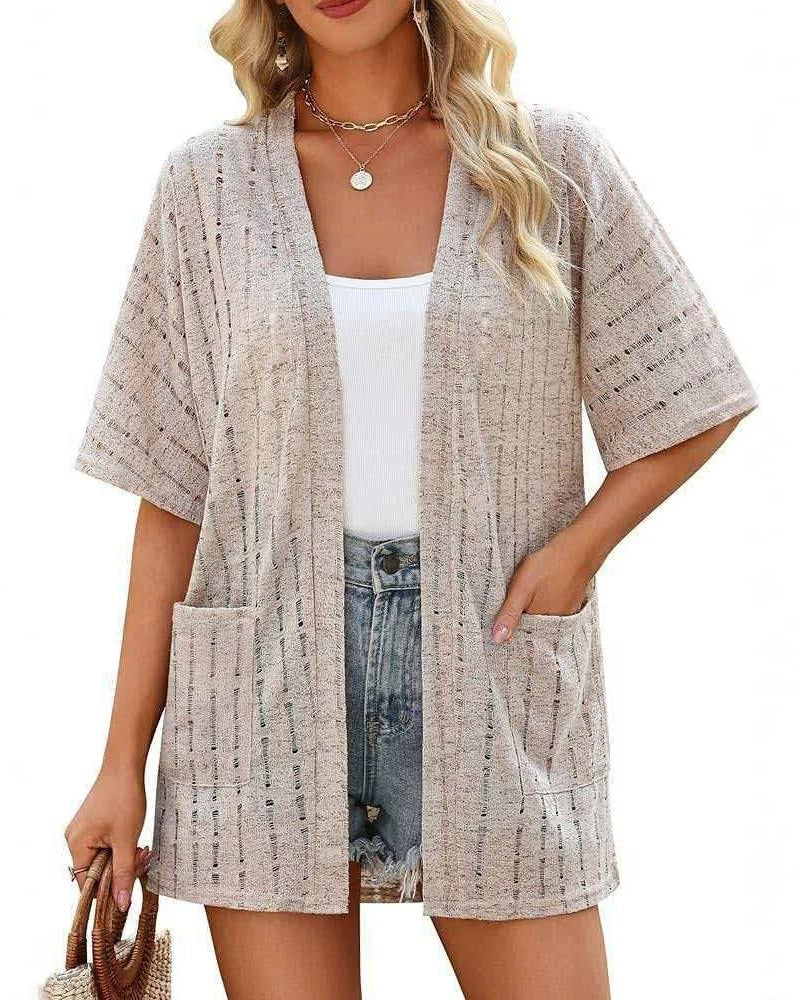 Pointelle Knit Open Front Cardigan With Pockets - Khaki