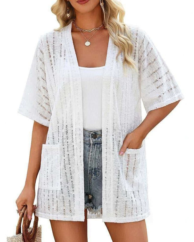 Pointelle Knit Open Front Cardigan With Pockets - White