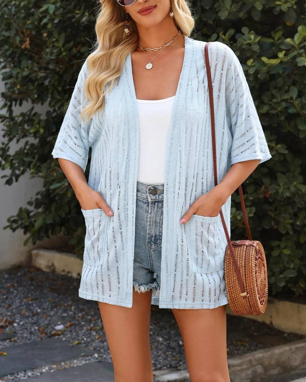 Pointelle Knit Open Front Cardigan With Pockets
