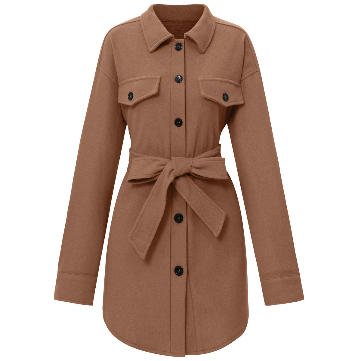 Belted Longline Collared Wool Blend Coat - Khaki - 3