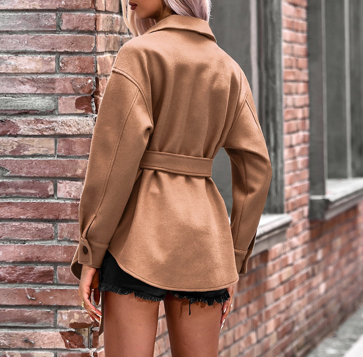 Belted Longline Collared Wool Blend Coat - Khaki - 4