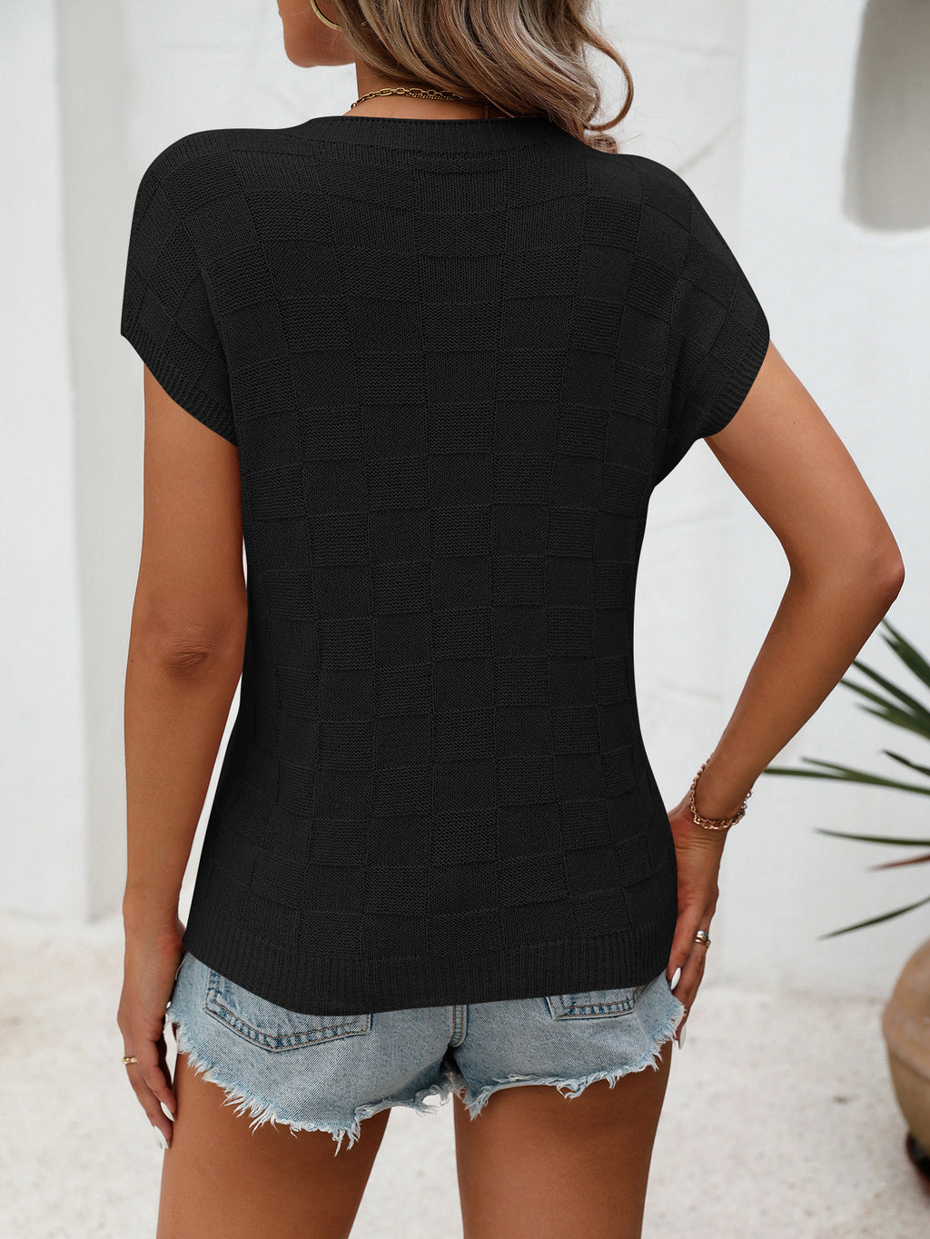 Grid Knit Cap Sleeve Pocket Top - Black - 1