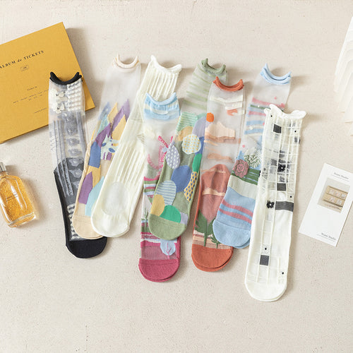 Abstract Graphic Sheer Mesh Crew Socks - Beige