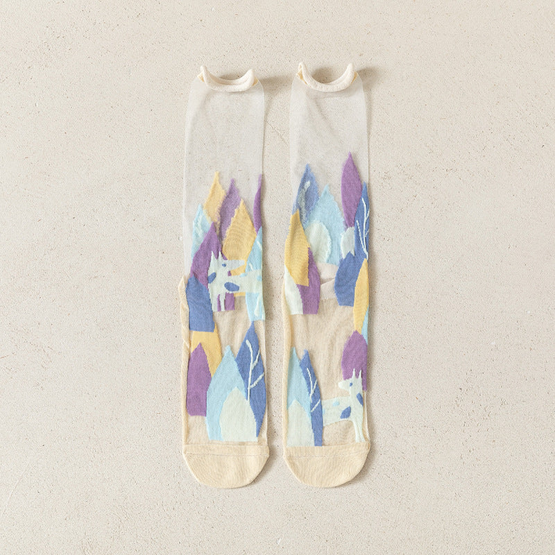 Abstract Graphic Sheer Mesh Crew Socks - Beige - 1