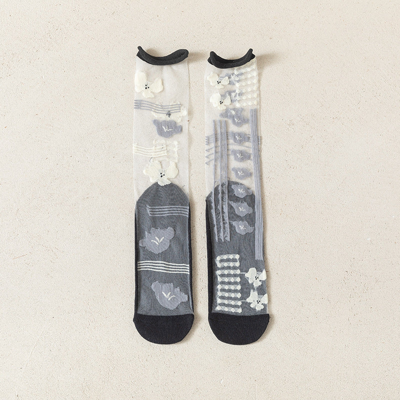 Abstract Graphic Sheer Mesh Crew Socks - Black