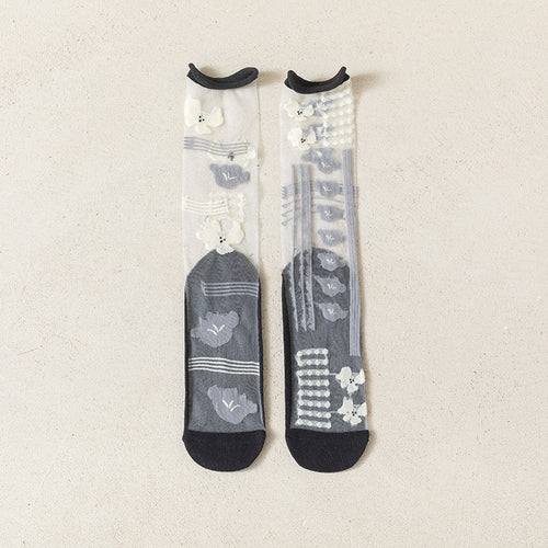 Abstract Graphic Sheer Mesh Crew Socks - Black