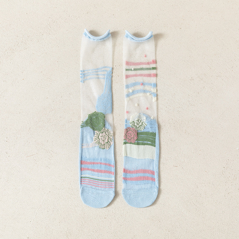 Abstract Graphic Sheer Mesh Crew Socks - Blue