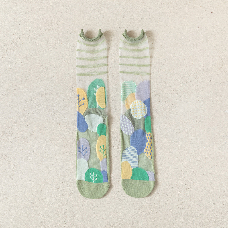 Abstract Graphic Sheer Mesh Crew Socks - Green