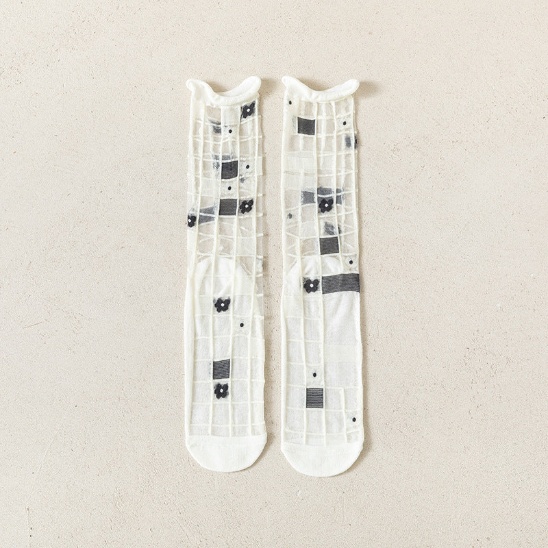 Abstract Graphic Sheer Mesh Crew Socks - Grid
