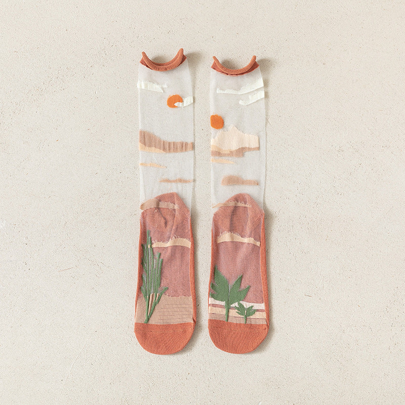 Abstract Graphic Sheer Mesh Crew Socks - Orange