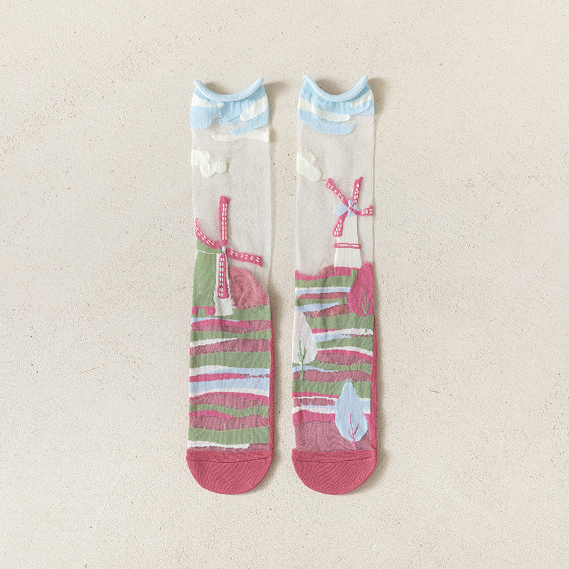 Abstract Graphic Sheer Mesh Crew Socks - RoseRed