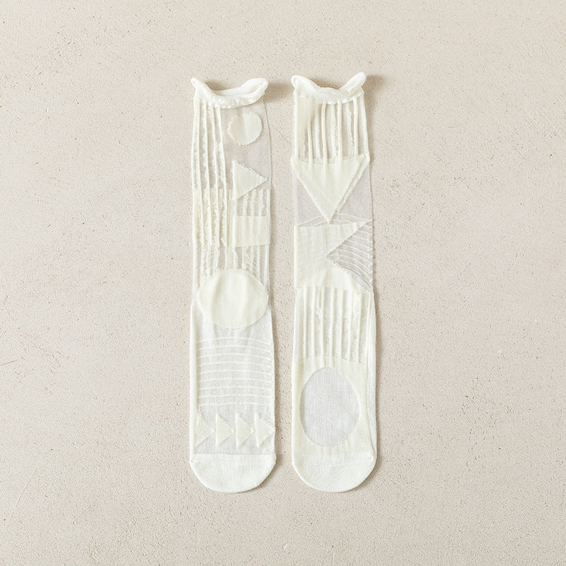Abstract Graphic Sheer Mesh Crew Socks - Stripe