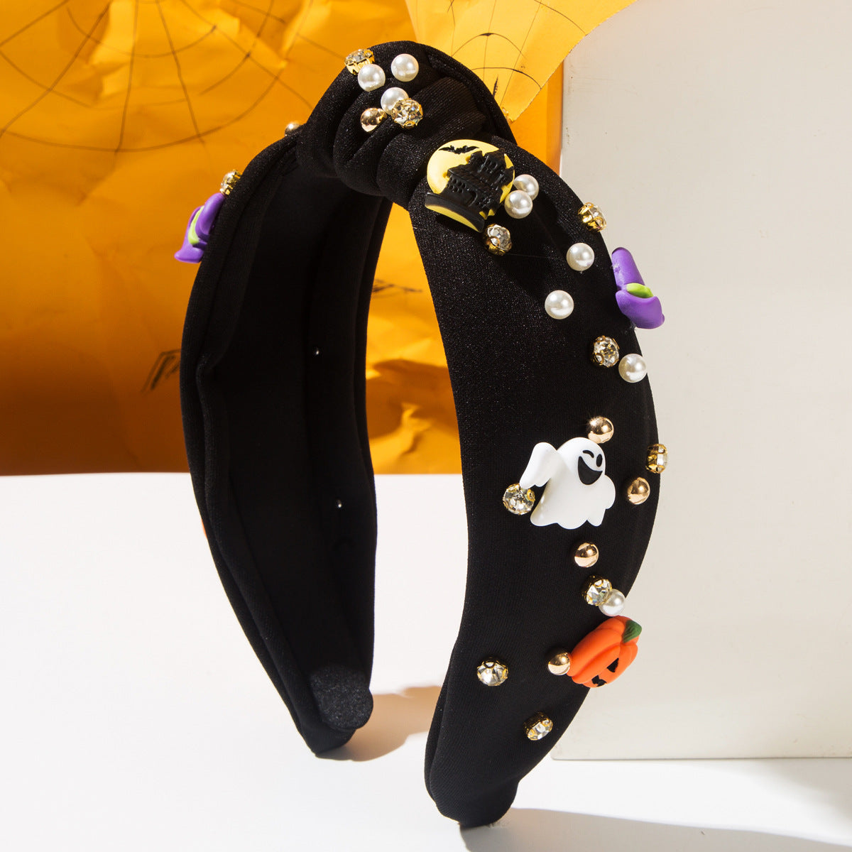 Jeweled Top Knot Headband With Spooky Charms - Black