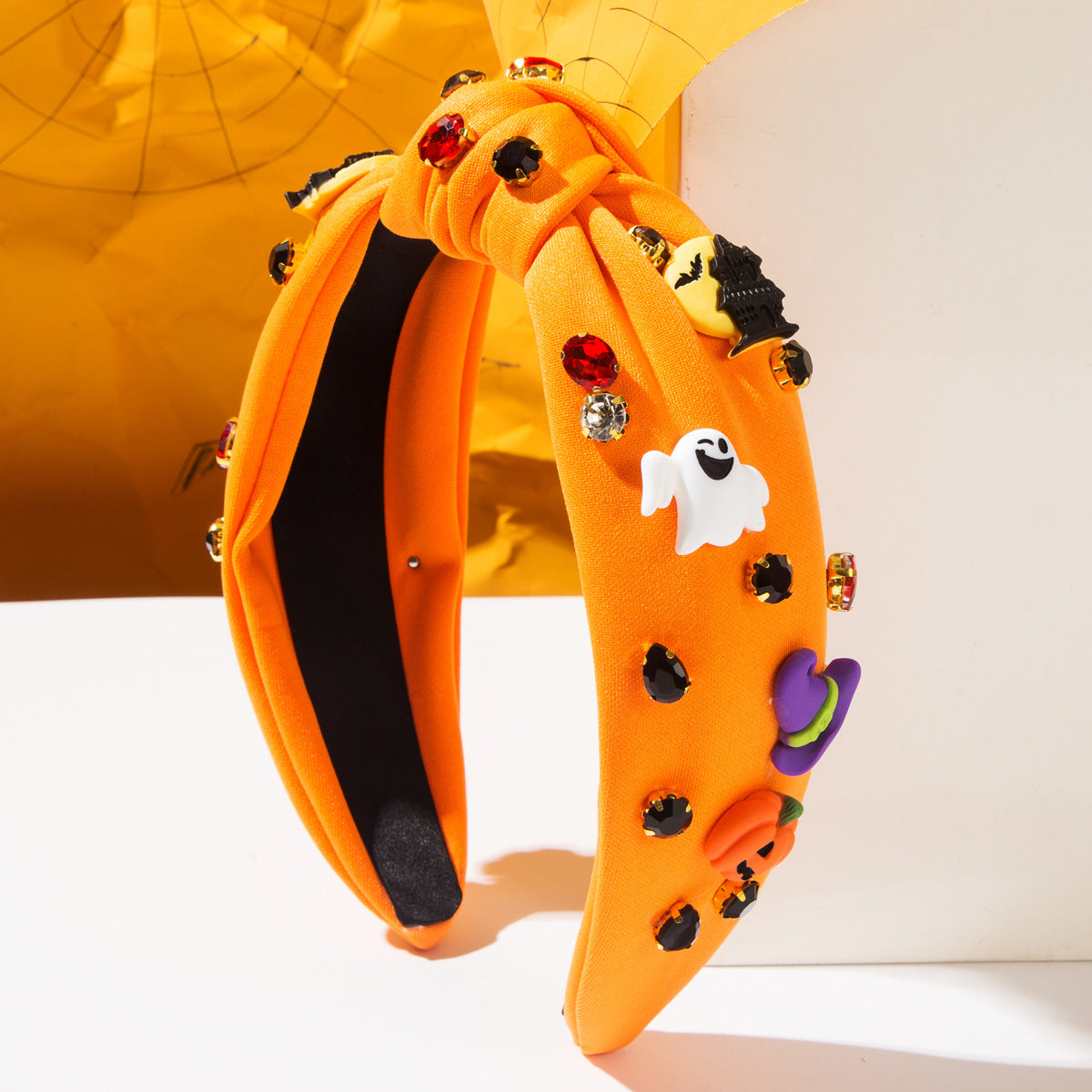 Jeweled Top Knot Headband With Spooky Charms - Orange