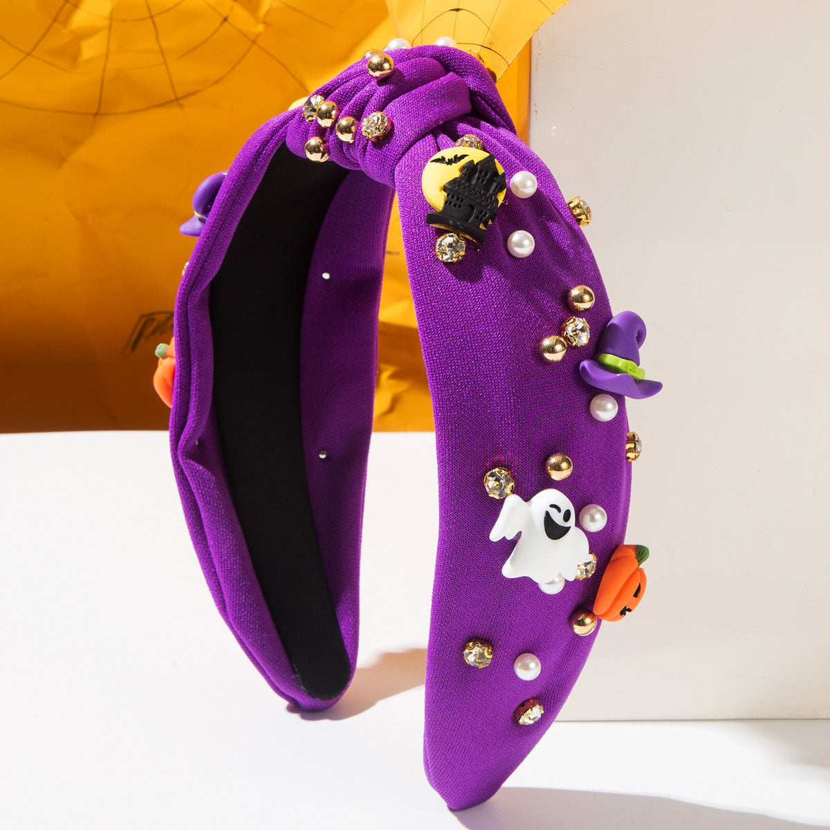 Jeweled Top Knot Headband With Spooky Charms - Purple