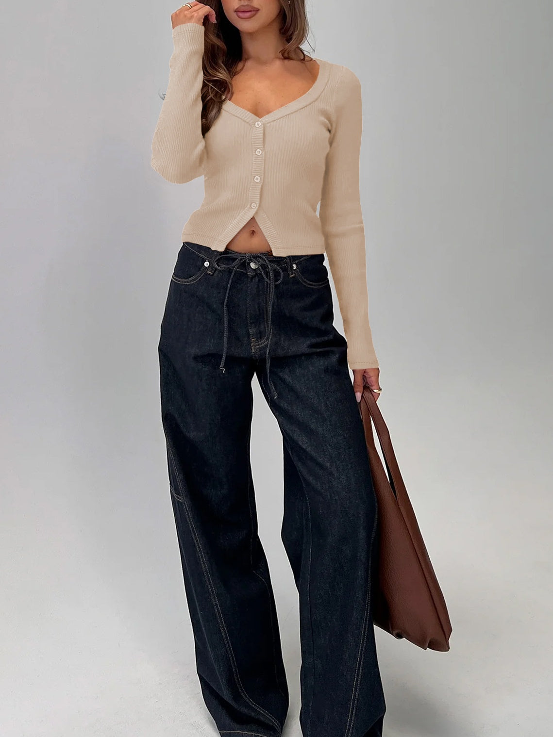 Button Front Rib Knit Long Sleeve Top - Beige - 6