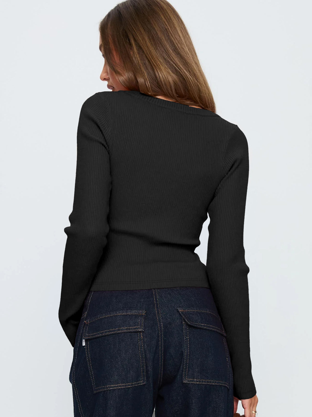 Button Front Rib Knit Long Sleeve Top - Black - 3