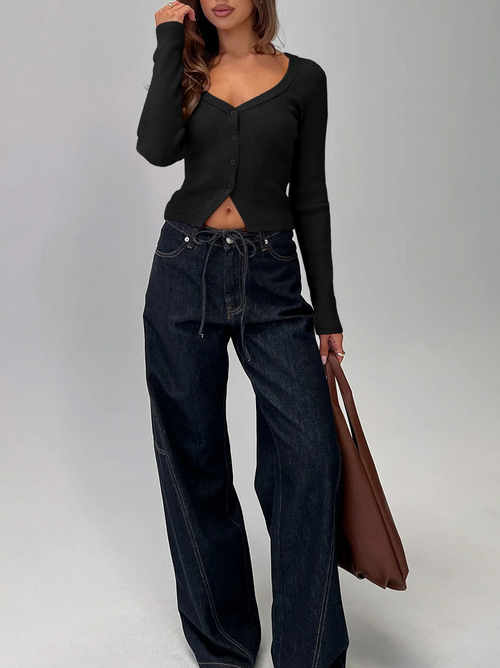 Button Front Rib Knit Long Sleeve Top - Black - 4