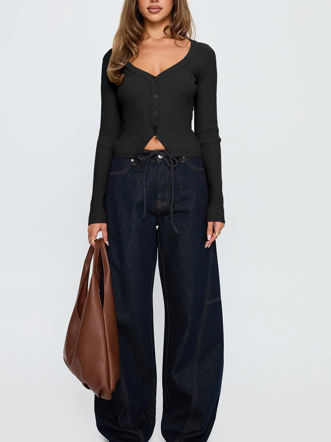 Button Front Rib Knit Long Sleeve Top - Black - 6
