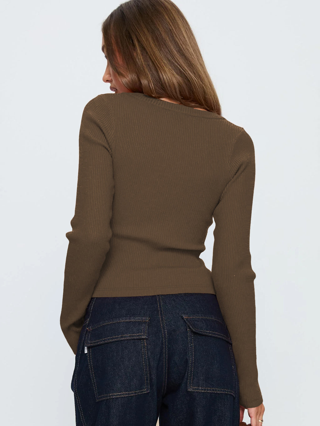 Button Front Rib Knit Long Sleeve Top - Coffee - 3
