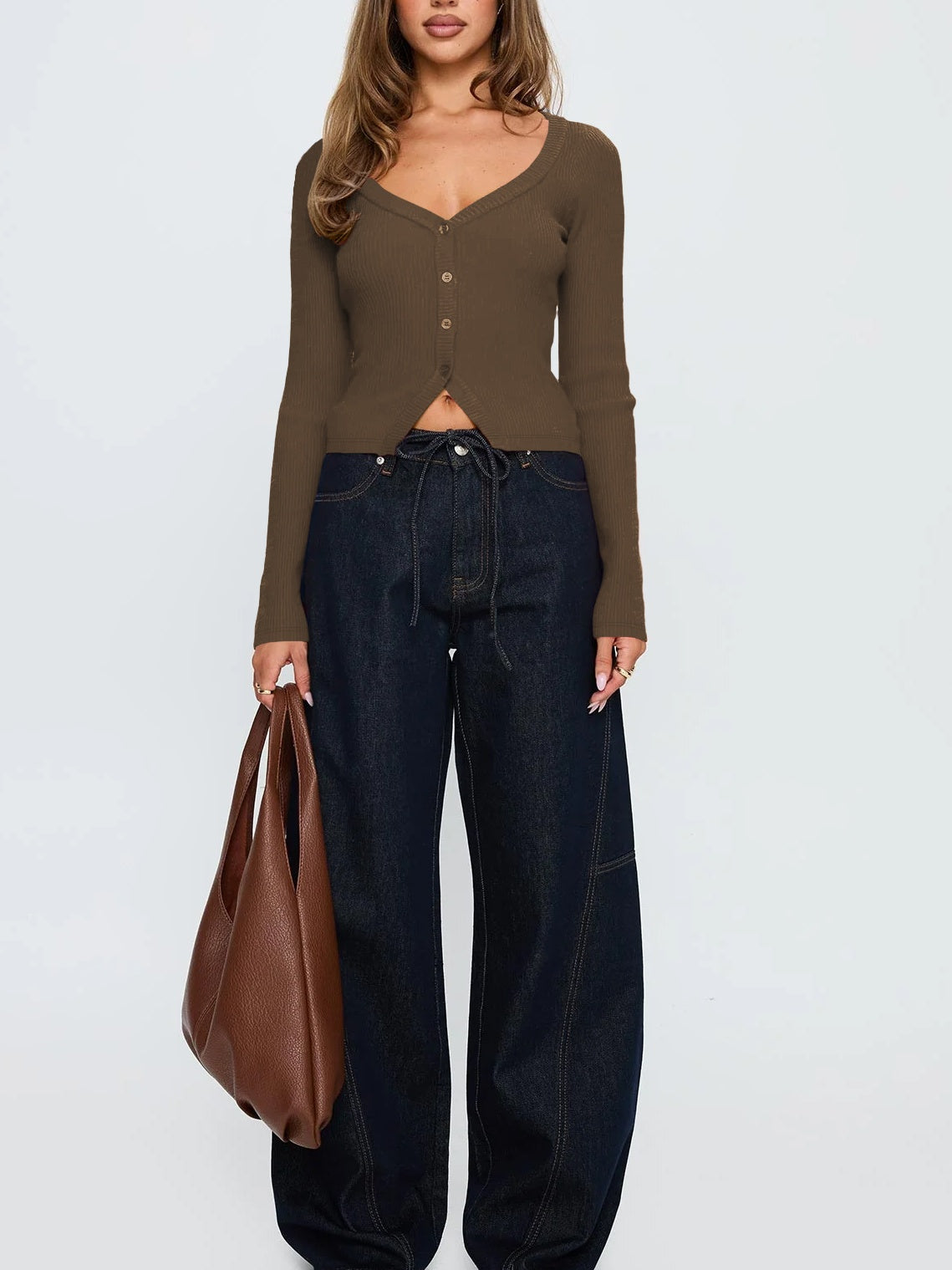 Button Front Rib Knit Long Sleeve Top - Coffee - 5