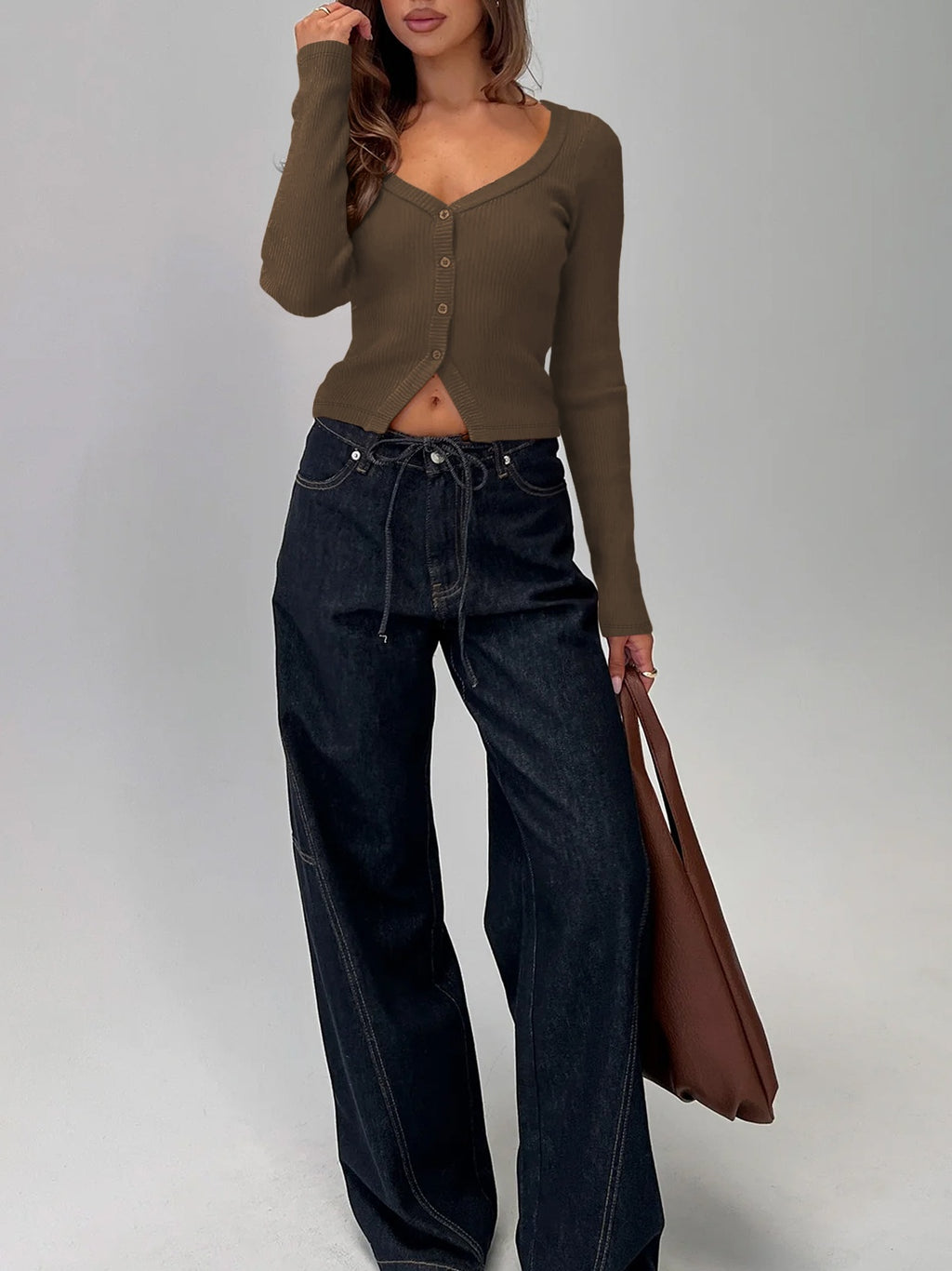 Button Front Rib Knit Long Sleeve Top - Coffee - 6