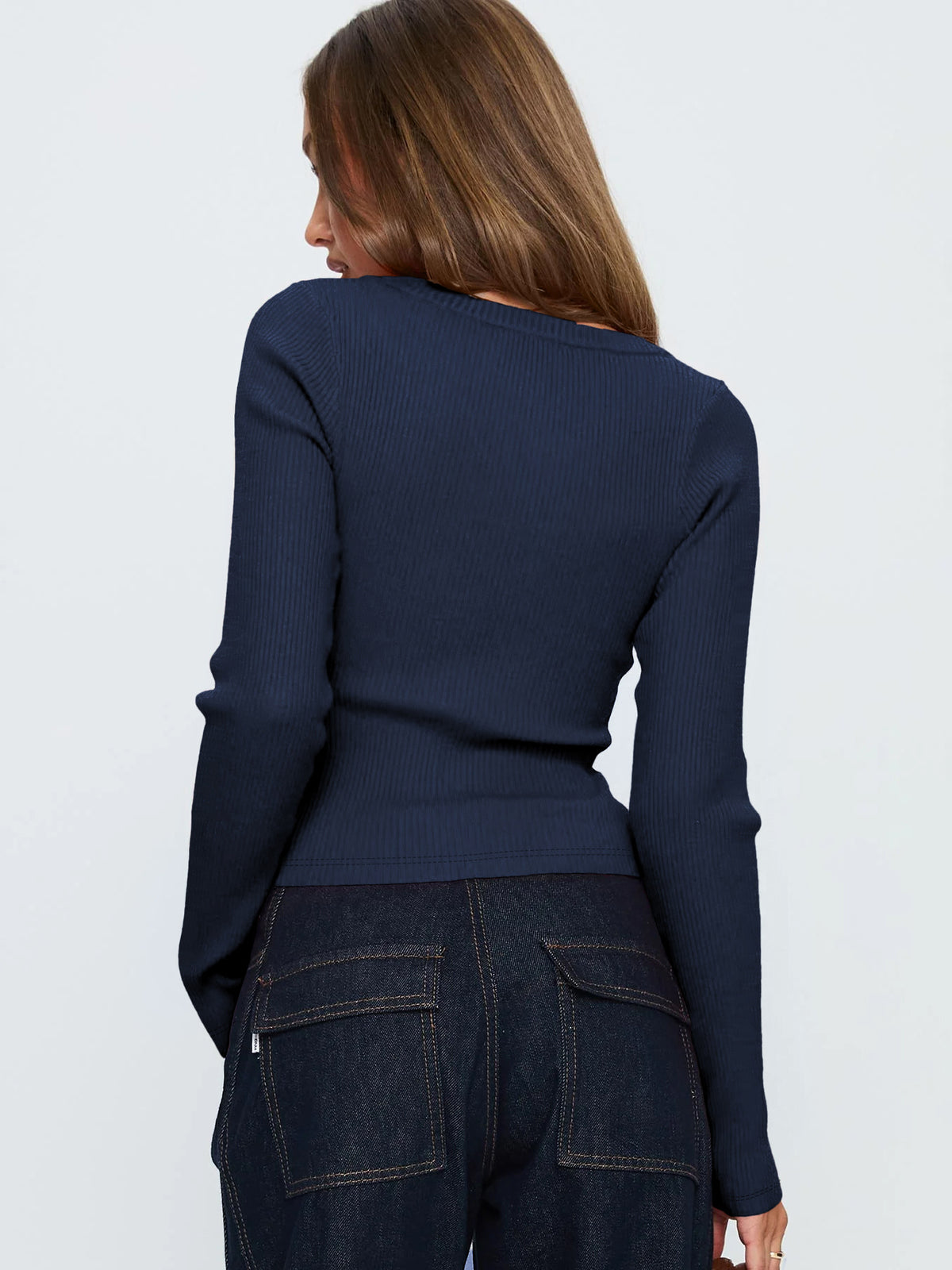 Button Front Rib Knit Long Sleeve Top - Navy - 3