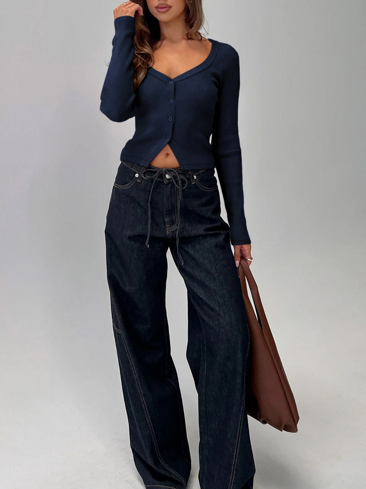 Button Front Rib Knit Long Sleeve Top - Navy - 4