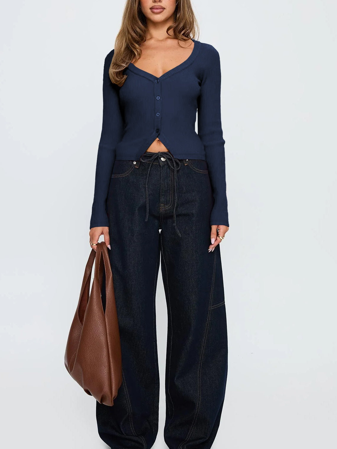 Button Front Rib Knit Long Sleeve Top - Navy - 6
