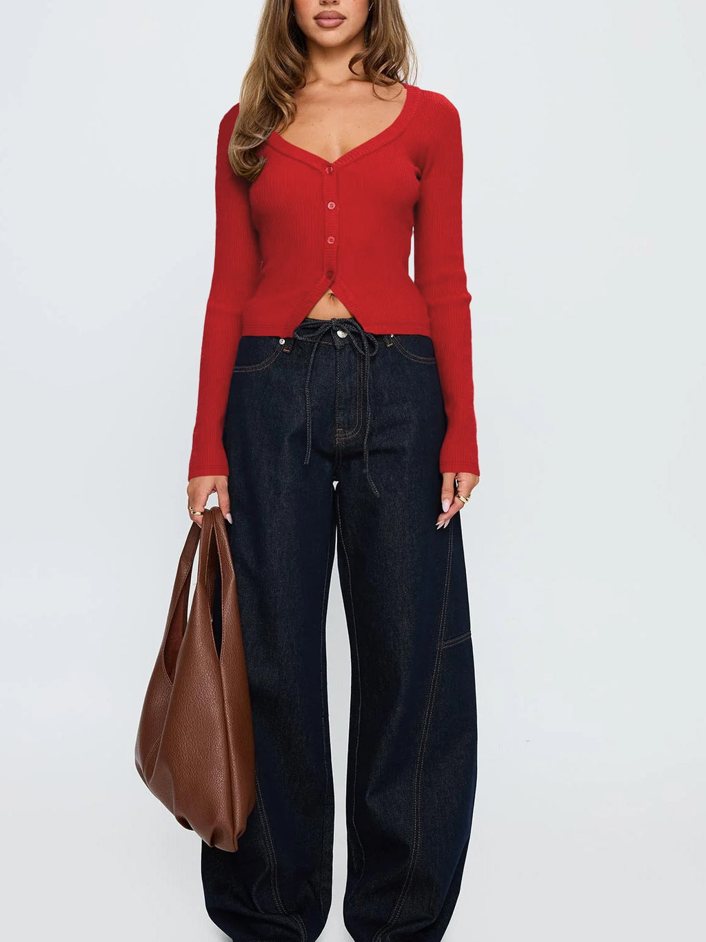 Button Front Rib Knit Long Sleeve Top - Red - 4