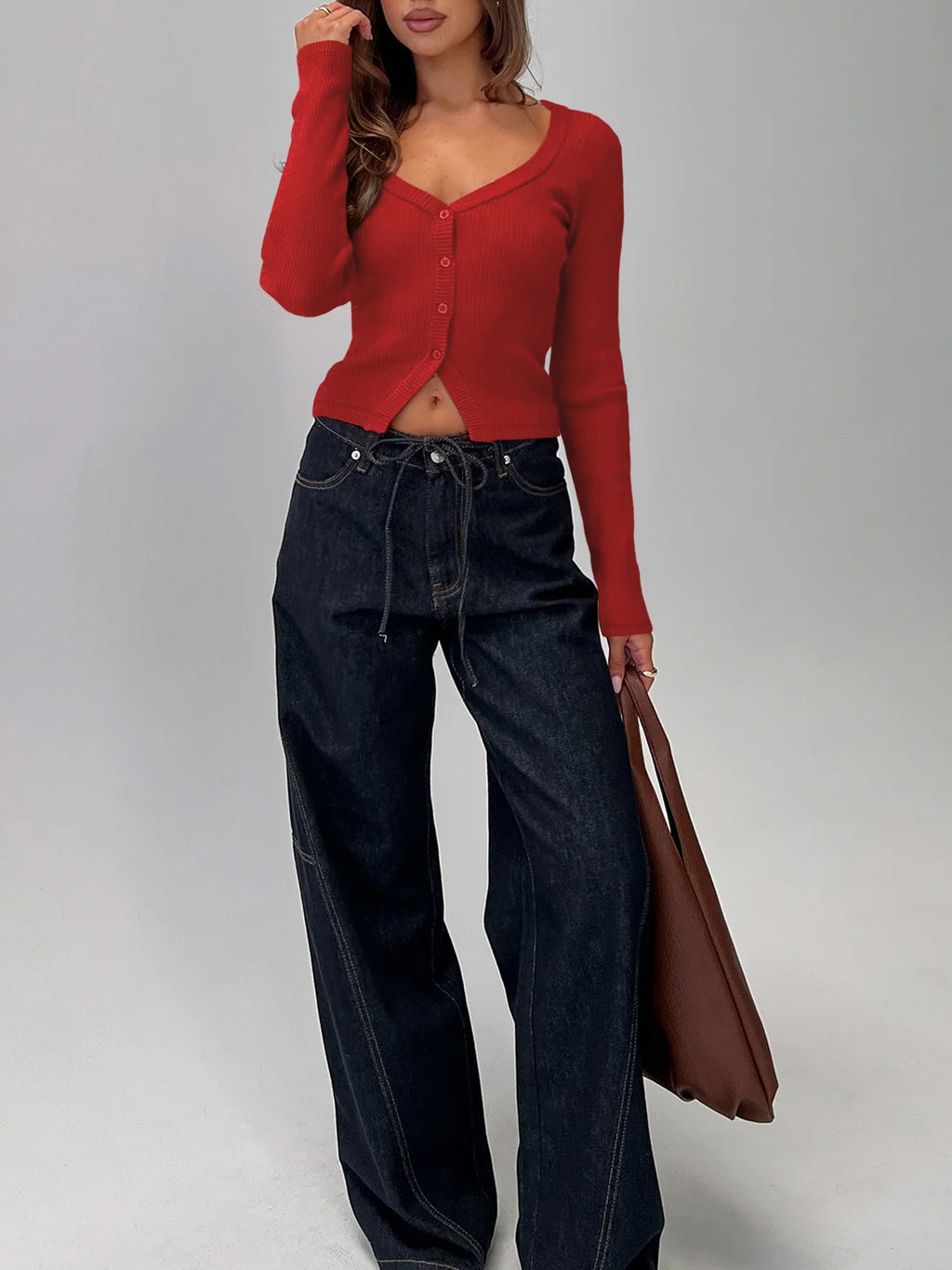 Button Front Rib Knit Long Sleeve Top - Red - 6