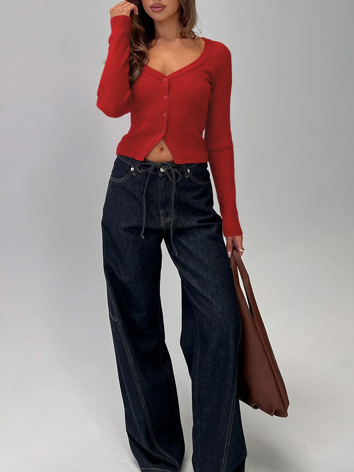 Button Front Rib Knit Long Sleeve Top - Red - 6