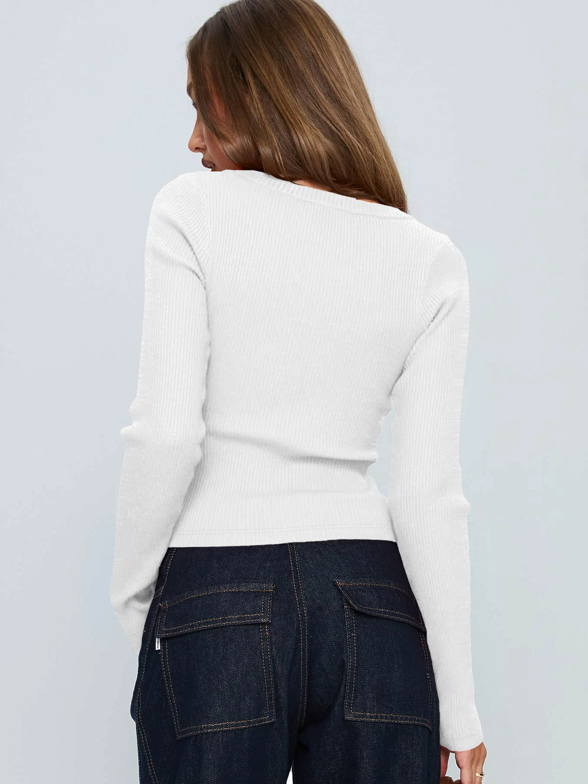 Button Front Rib Knit Long Sleeve Top - White - 3