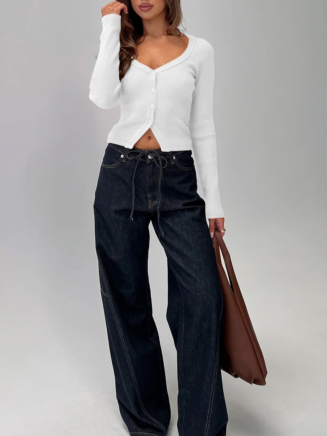Button Front Rib Knit Long Sleeve Top - White - 6