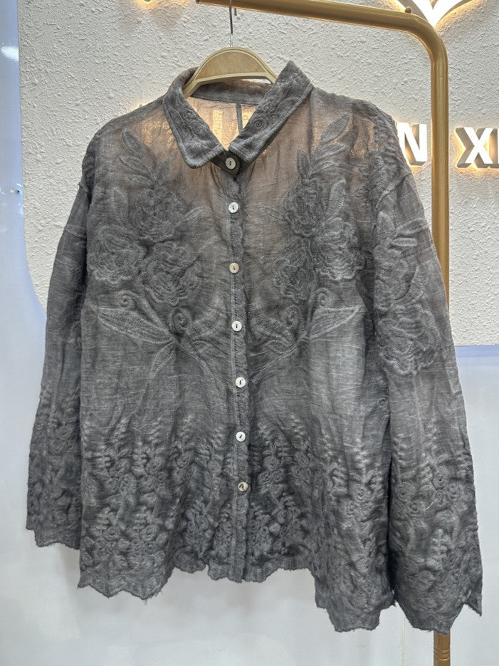 Sheer Crochet Lace Shirt With Scalloped Hem - Ash