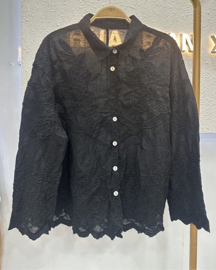 Sheer Crochet Lace Shirt With Scalloped Hem - Black