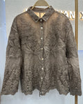 Sheer Crochet Lace Shirt With Scalloped Hem - Coffee