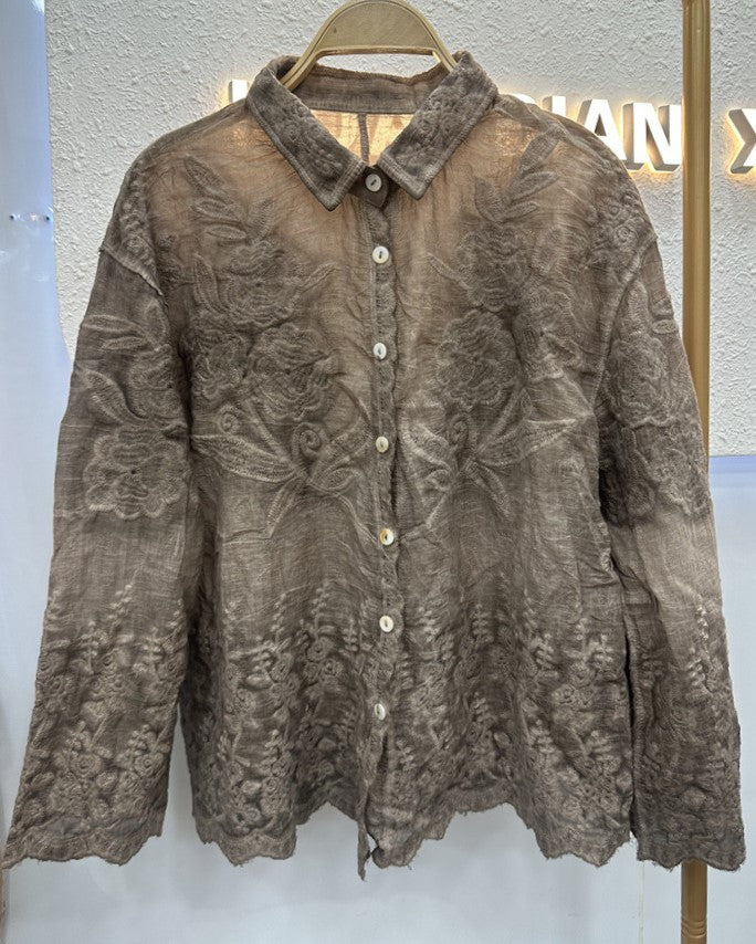 Sheer Crochet Lace Shirt With Scalloped Hem - Coffee